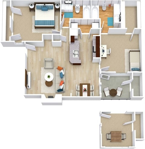 Floor plan for 2 beds, 2 baths, 971 sqft